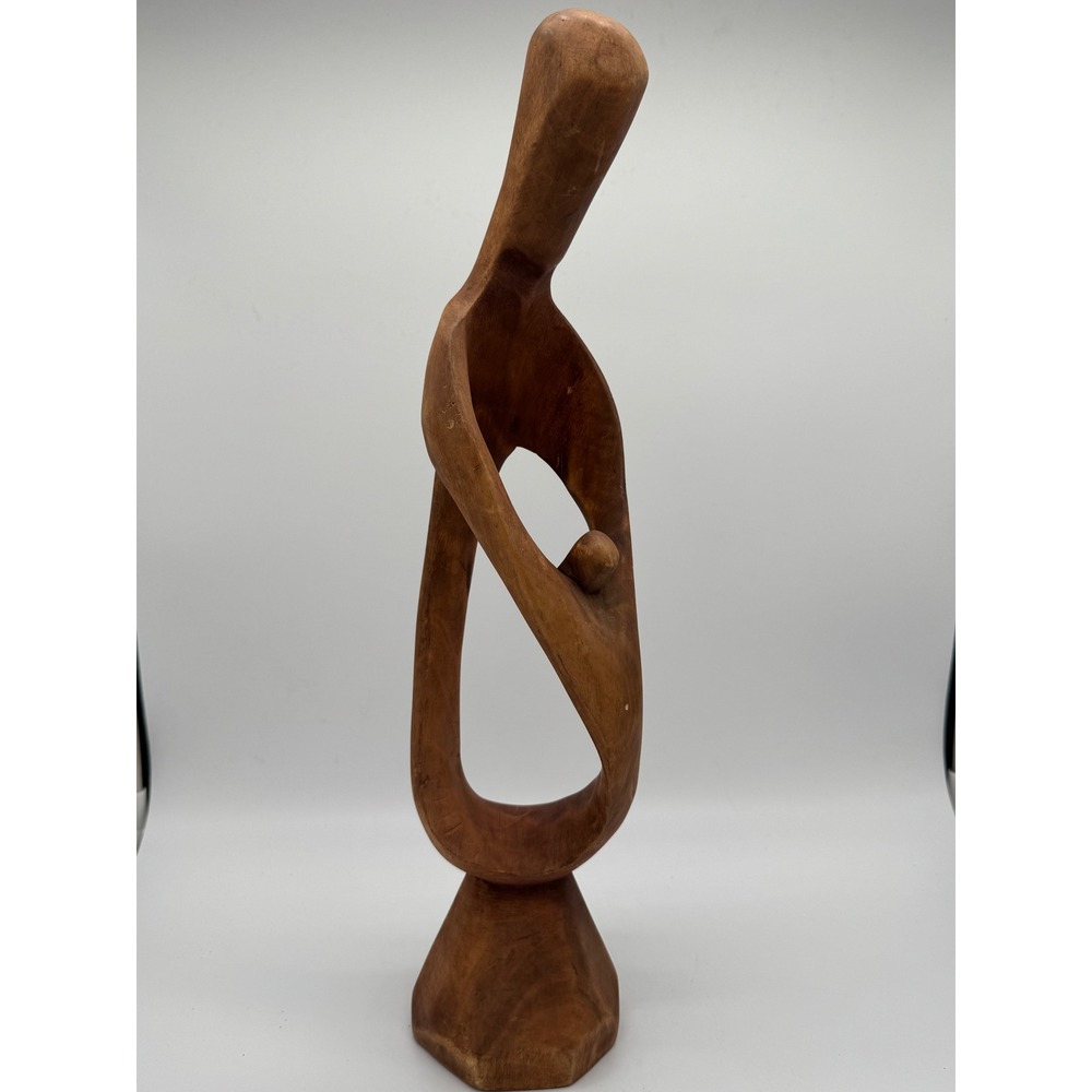 Vintage Hand Carved Wood African Mother Child Statue Abstract Sculpture Ghana 18